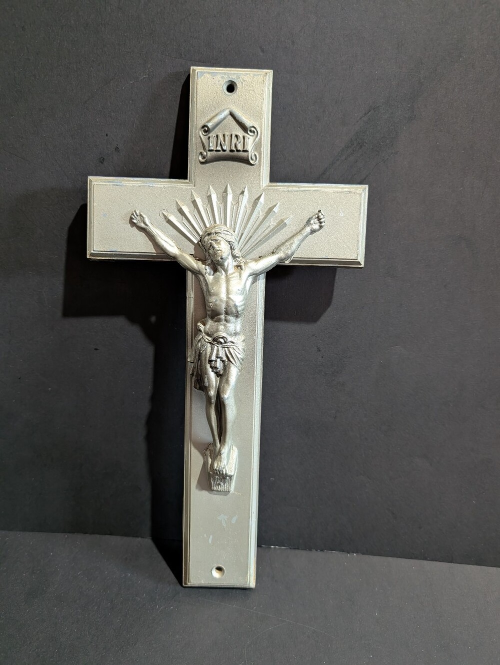 Vtg Crucifix Cast Metal 12" Jesus On Cross INRI Wall Hanging Religious Decor